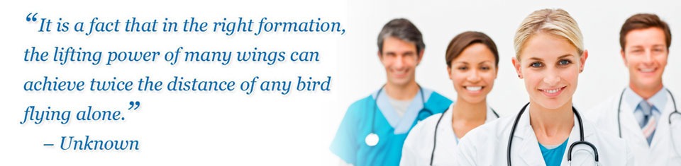 A group of doctors with professional affiliations standing together with a quote.