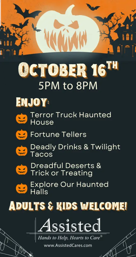 Halloween event flyer for October 16th from 5–8 PM featuring haunted house, fortune tellers, tacos, desserts, trick-or-treating, and haunted halls. Adults and kids welcome.