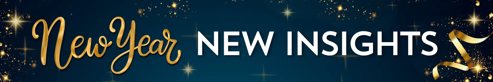 Banner with the words "New Year New Insights" on a blue background with gold and white sparkles and a gold ribbon.
