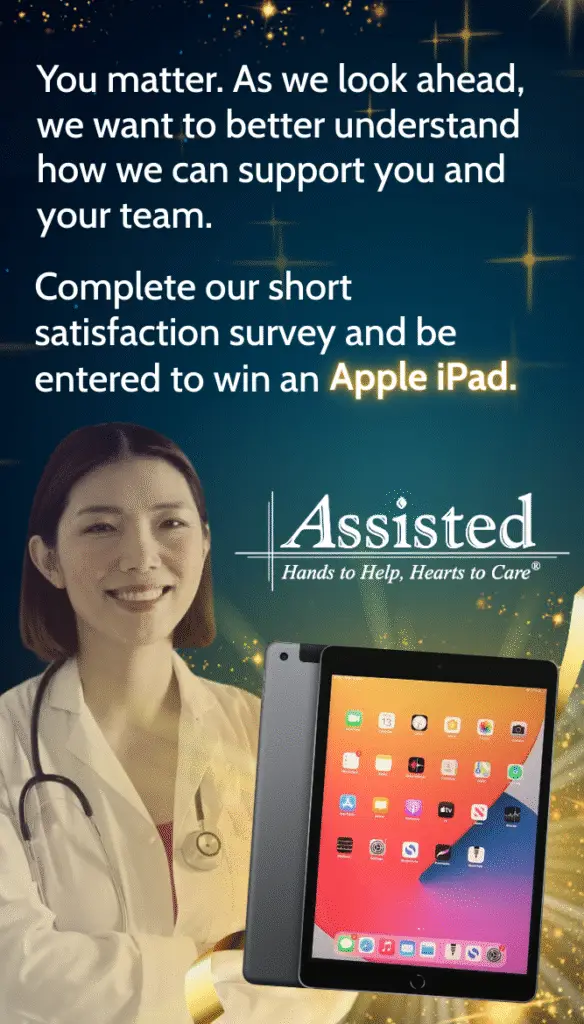 A female doctor stands next to a survey invitation text and an image of an iPad, promoting a chance to win an Apple iPad for completing a satisfaction survey.