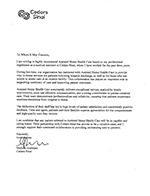 A letter on Cedars-Sinai letterhead recommending an employee, detailing their positive performance and professional qualities, and signed by an individual in a leadership position.